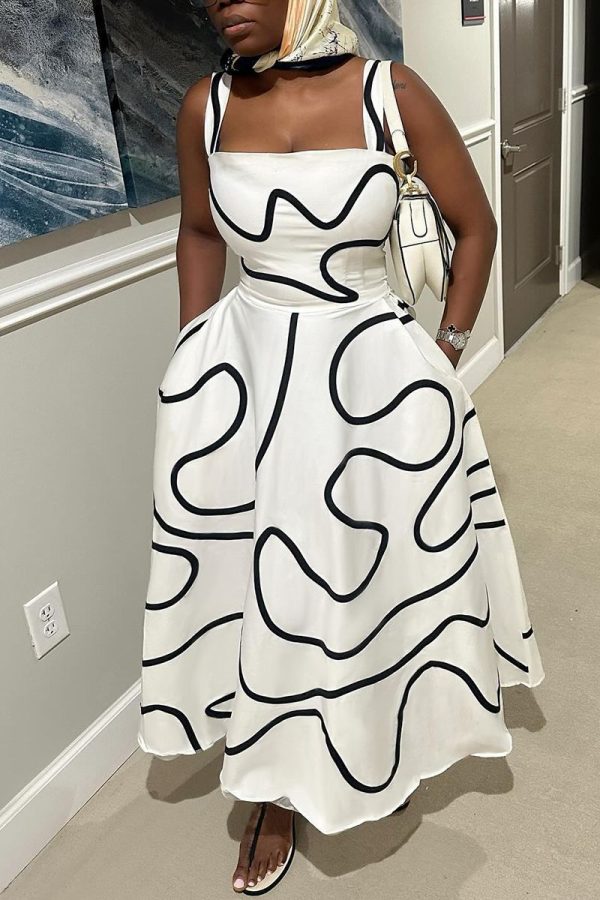 Square Neck Sleeveless Abstract Print A-Line Maxi Dresses-White