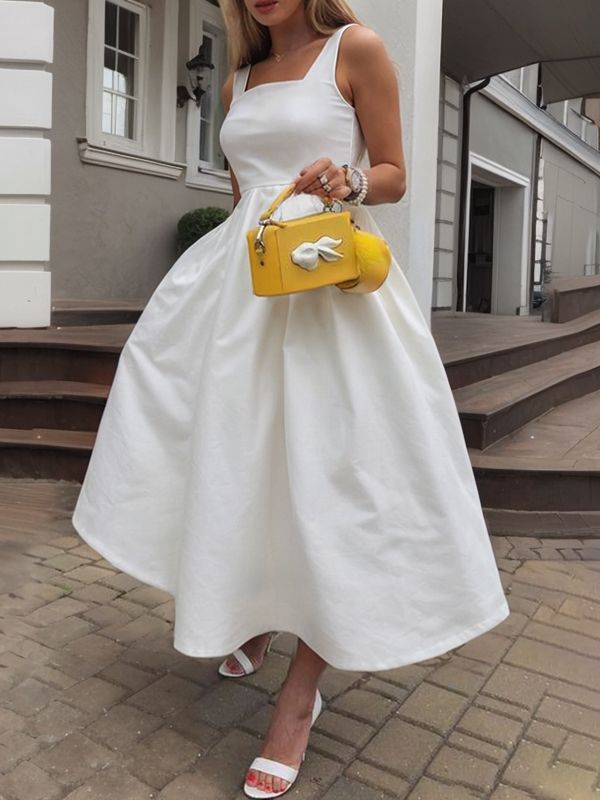 A-Line High Waisted Pleated Pockets Solid Color Spaghetti-Neck Midi Dresses WHITE-M