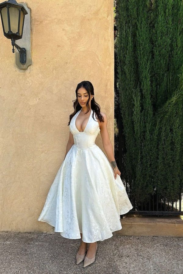 Simple A Line V Neck White Tea Length Party Dress with Corset - White / US16