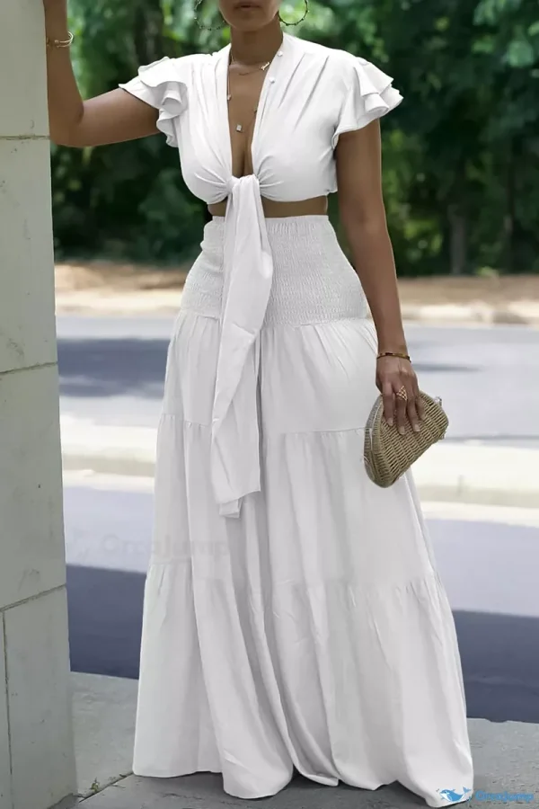 OrcaJump - Women's Vacation Wear Deep V Neck Crop Tops and Wide Leg Pants