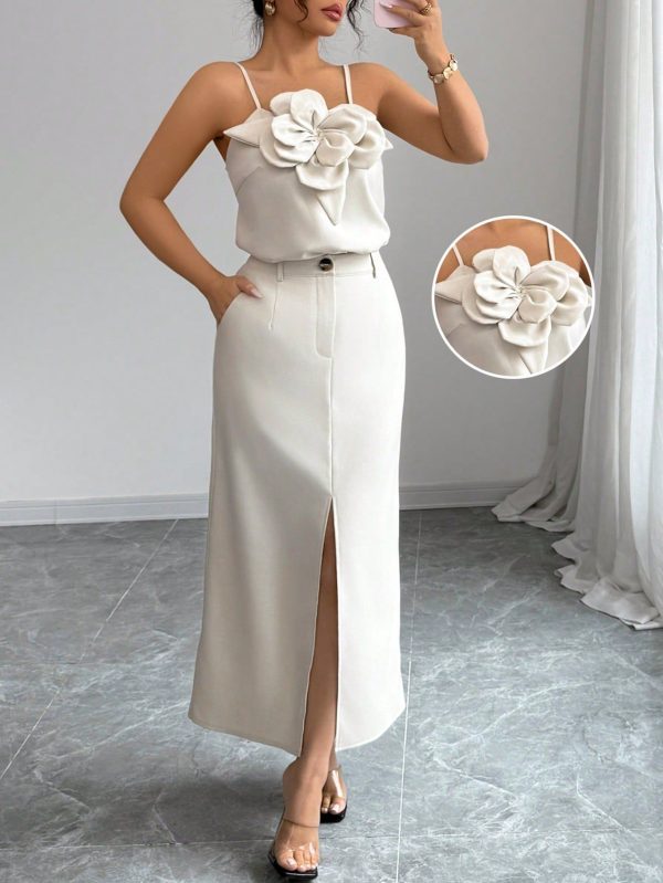 Floral Camisole And Casual Split Skirt 2 Pieces Set