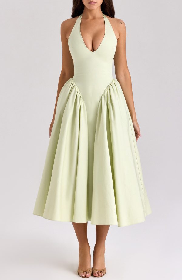 HOUSE OF CB Marilyn Gingham Halter Midi Sundress in Tender Greens at Nordstrom, Size X-Small