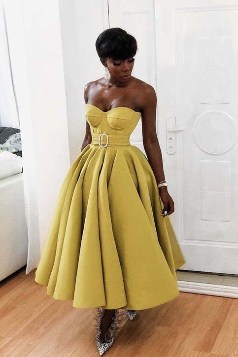 Yellow sweetheart neck satin tea length prom dress, yellow evening dress,PD22846