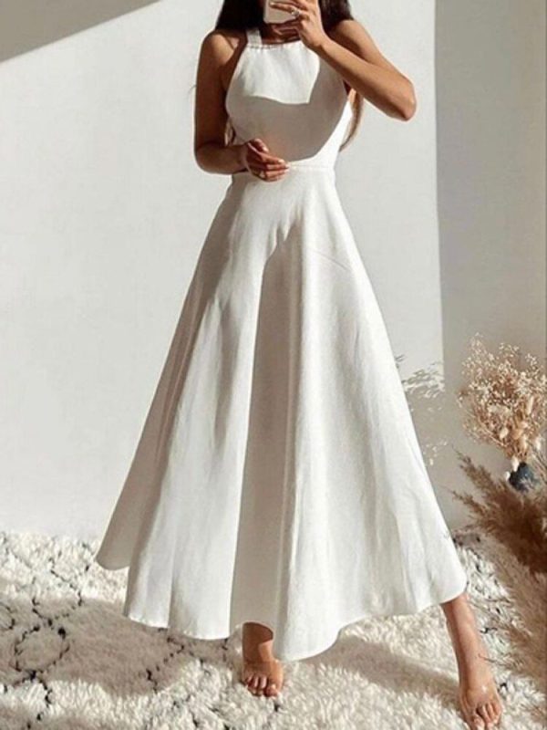 Zingj Summer Women Sleeveless Halter Sexy Backless Criss-cross Dress Women Waist Solid Evening A-Line Dress Elegant Long Dresses 01 White-M