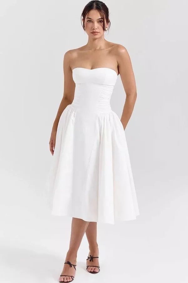 Lasaky - Flattering Strapless Fit and Flare Cocktail Dress with Ruching Detail - White, L