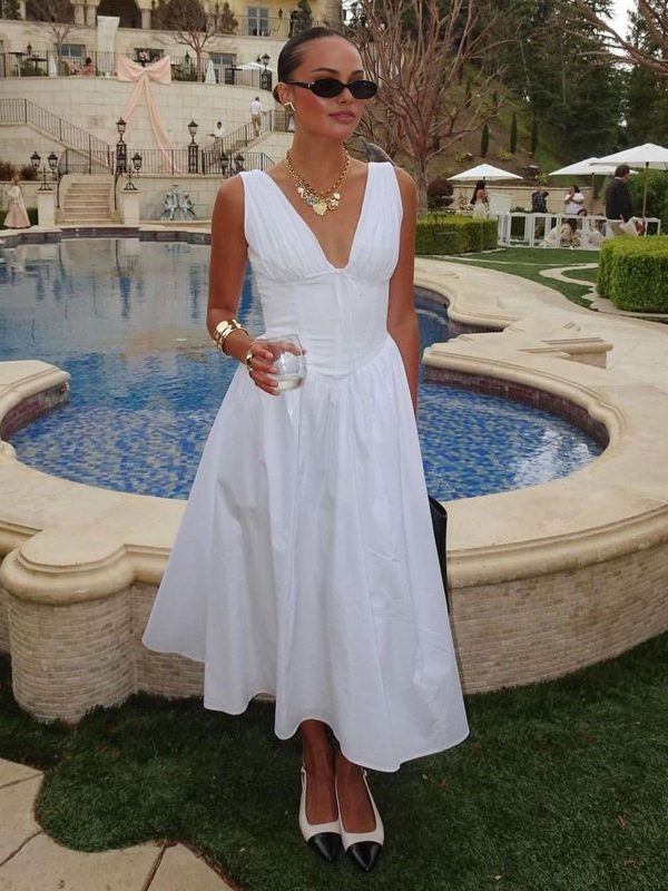 Plain Sleeveless Midi Dress - White / XL