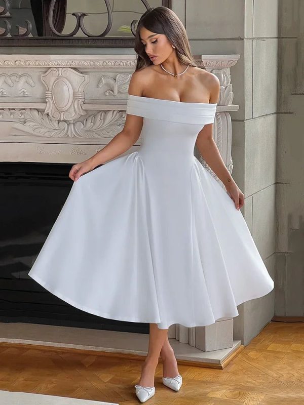Off-Shoulder Flare Midi Dress - WHITE / L
