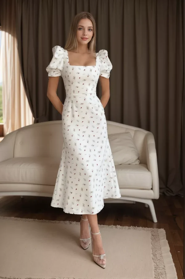 Lasaky - Floral Print Short-Sleeve Dress with Waist Cinching Long-skirt Design - White, L