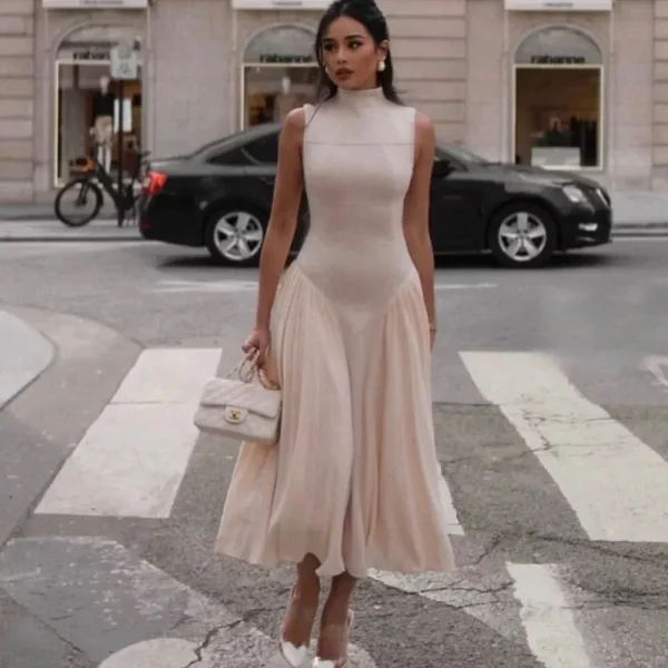 Unique Pleated Paneled Sleeveless Midi Dress | Color: Cream | Size: Xl