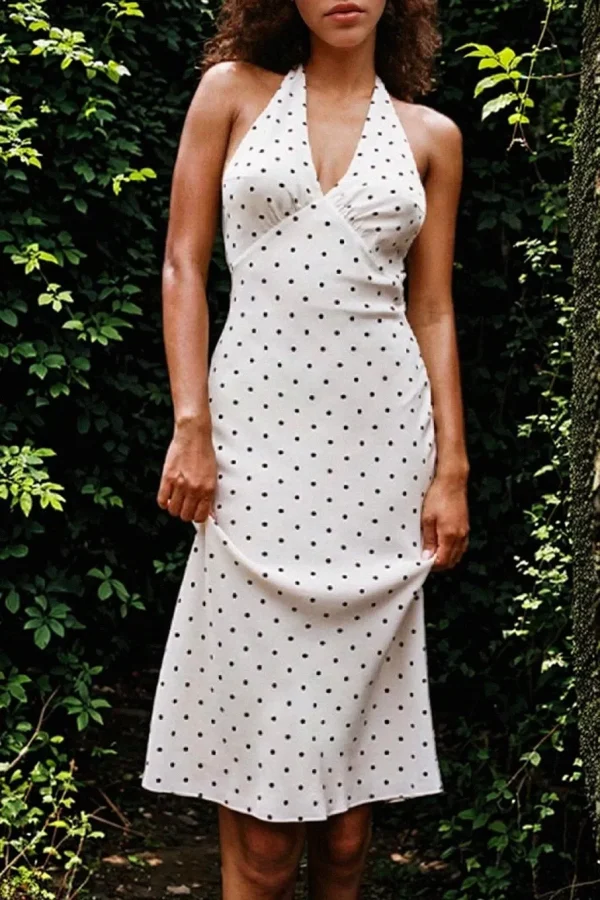 Lasaky - Stunning Polka Dot Print V-Neck Backless Midi Dress