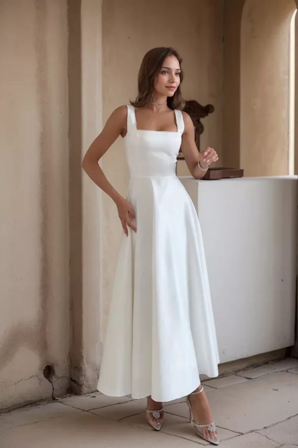 Lasaky - Classic Vintage Silky Satin Evening Gown with Cinched Waist and Square Neckline - White, M