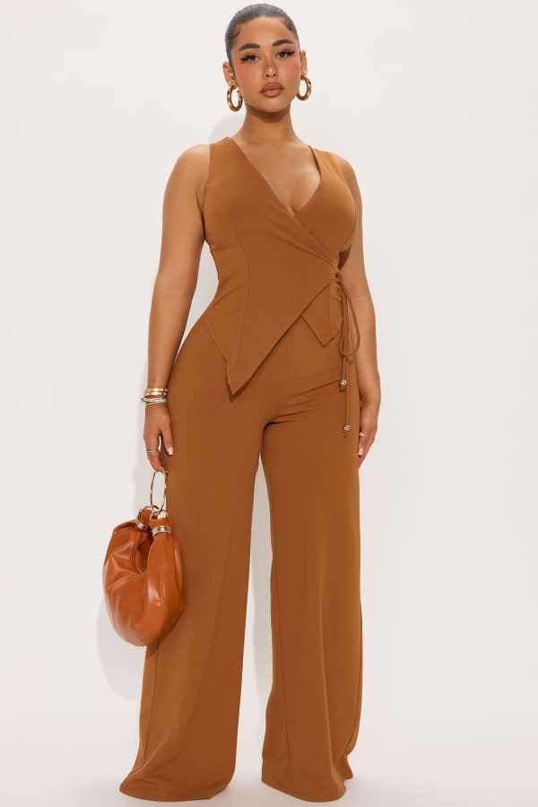 Career Catcher Crepe Jumpsuit - Cognac | Fashion Nova