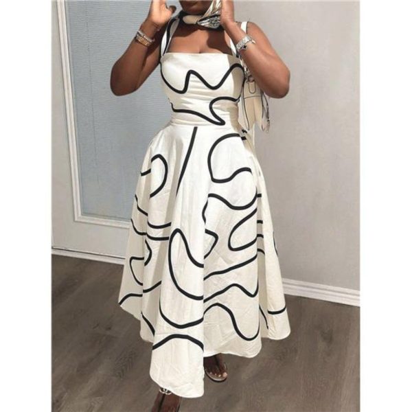 Varit Boutique Dresses | White Abstract Striped Spaghetti Strap Dress W/ Cinched Waist And Flared Hemline | Color: Black/White | Size: Various