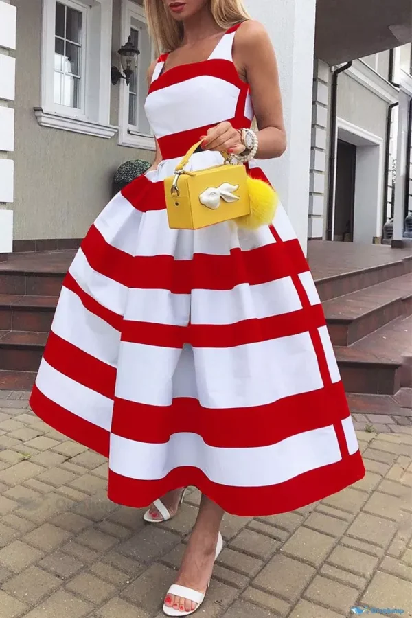 OrcaJump - Elegante vestido púrpura con estampado de rayas y escote en U - Rojo, XL