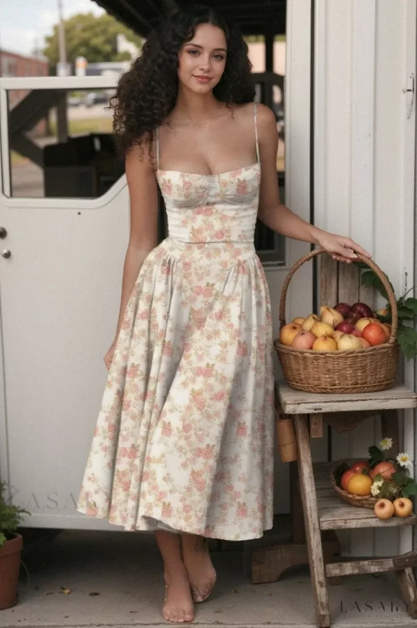 Lasaky - Exotic Printed Maxi Dress with Adjustable Halter Neck - white background with red flowers, L