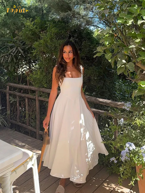 Womens New Elegant A-line Dresses Solid Color Slim Fit Dress Sleeveless Camisole High Waisted