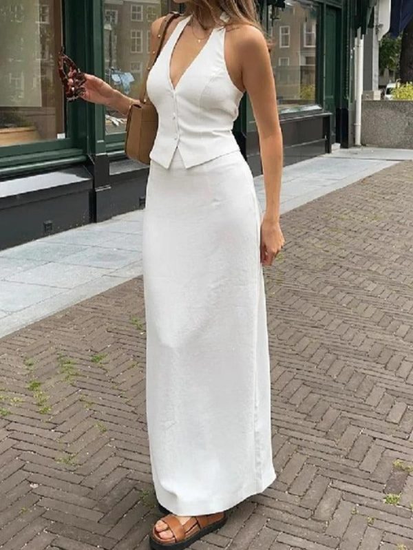 Solid V Neck Backless Tie Up Halter & Split Maxi Skirt Set - White / M