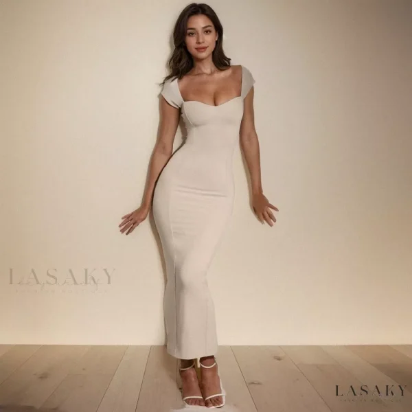 Lasaky - Sophisticated Strapless Bodycon Dress with Money Print Design - Apricot, XS