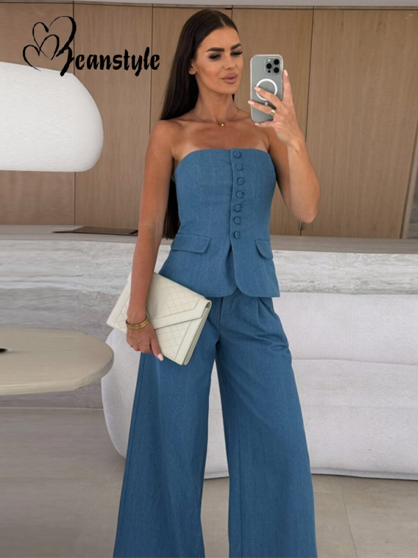 2025 Summer Fashion Lady Suit Elegant Slim Vest Pant Sets Women Blue Single Breasted Vest Loose Wide