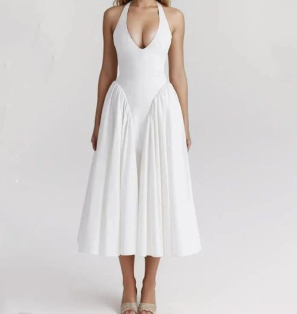 White Bow Halter Neck Pleated Midi Dress - WHITE / L