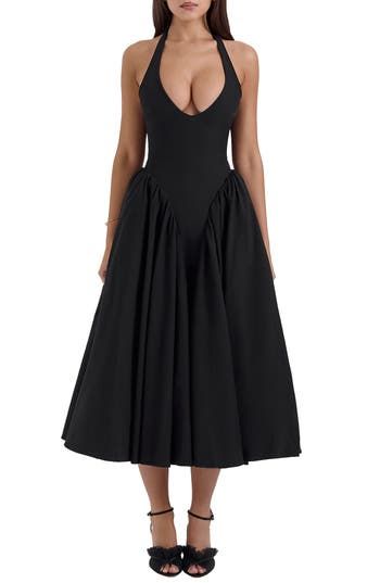 HOUSE OF CB Marilyn Gingham Halter Midi Sundress in Black at Nordstrom, Size Small