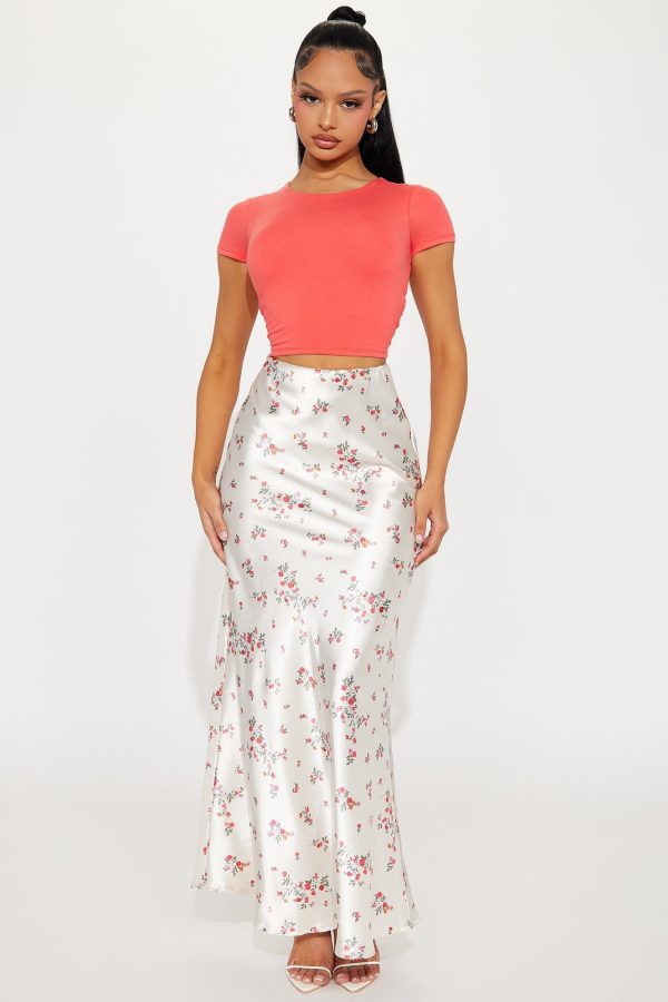 Women's Buy Myself Flowers Satin Maxi Skirt in Champagne Size 1X