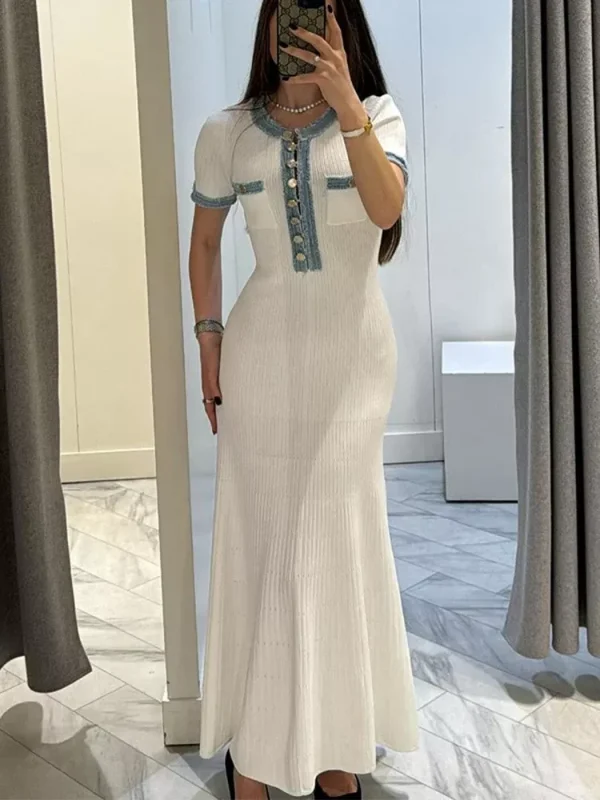 Zingj Women Denim Patchwork Rib Knit Long Dresses Elegant Metal Single Breasted Bodycon Dress Summer Fashion Office High Street Robes White-M