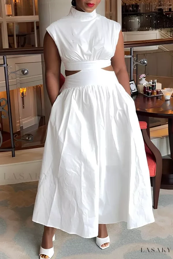 Lasaky - Chic Celebrity-Inspired Solid Backless A-Line Dress with Sophisticated Half Turtleneck Detail - White, L