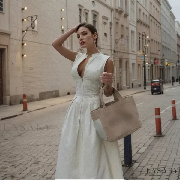 Lasaky - Elegant High-Waisted Maxi Dress for Busy Women - Beige White, M