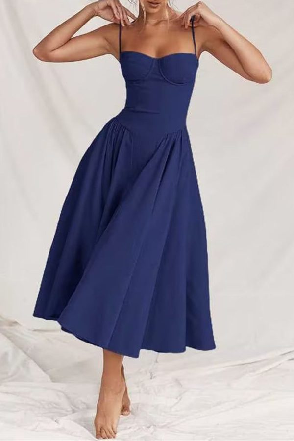 Vintage Elegant Solid Fold Square Collar Sling Dress Dresses - Khaki / L