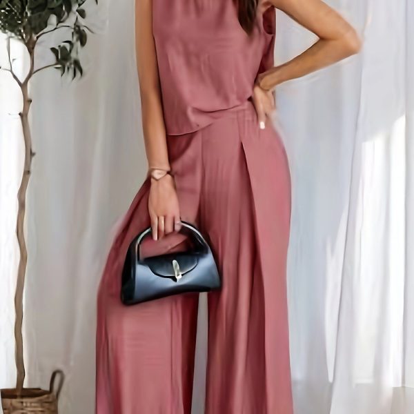 Celeste Luxe Sleeveless Top & Wide-Leg Trousers Set - Peach / L