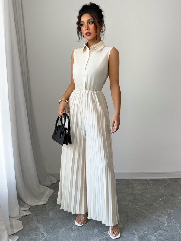 Women's Solid Color Lapel Half-Zip Pleated Casual Jumpsuit