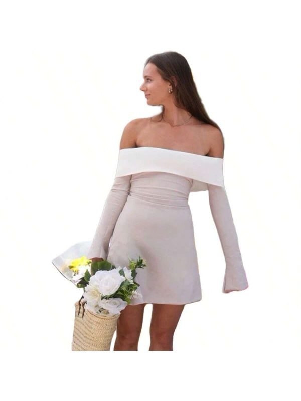 Women's Colorblock Off Shoulder A Line Dress Elegant Fashion Long Sleeve Short Dress For Party Club Holiday, Women Dress For Spring Fall