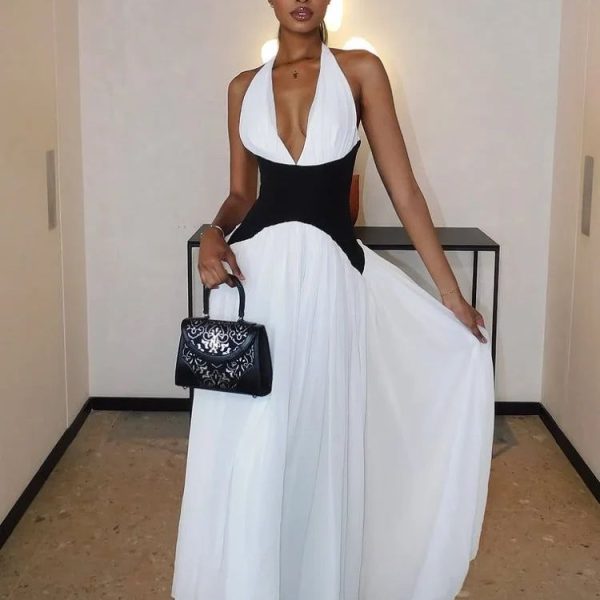 Elegant Contrasting Woman Long Dresses New Summer Sexy V Neck High Wai