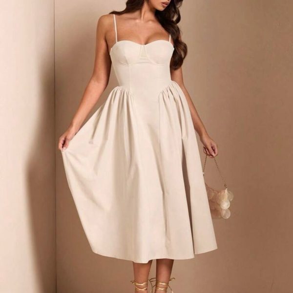 Shein Dresses | Shein Women Spaghetti Strap Midi Puffy Dress Party & Club Wear,Summer Dress | Color: Cream | Size: Xl