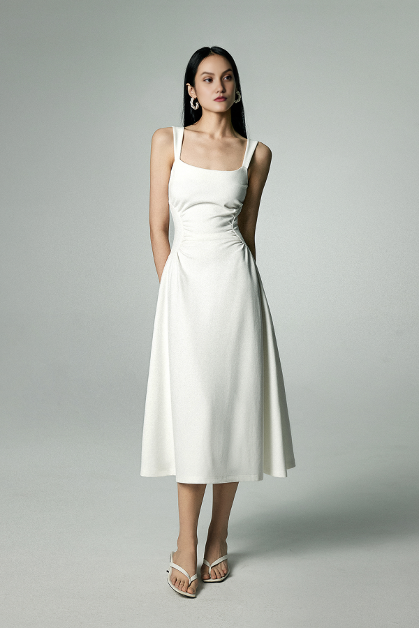 Fibflx Women's Square Neck Midi Dress with Pleated Waist