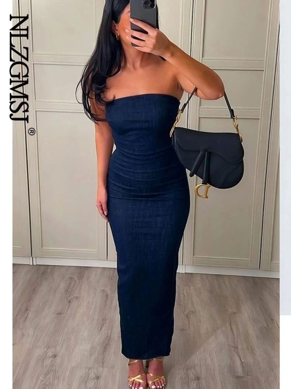 Nlzgmsj 2024 Women Elegant Denim Dress Strapless Back Zipper Slit Dresses Summer Female Off Shoulder
