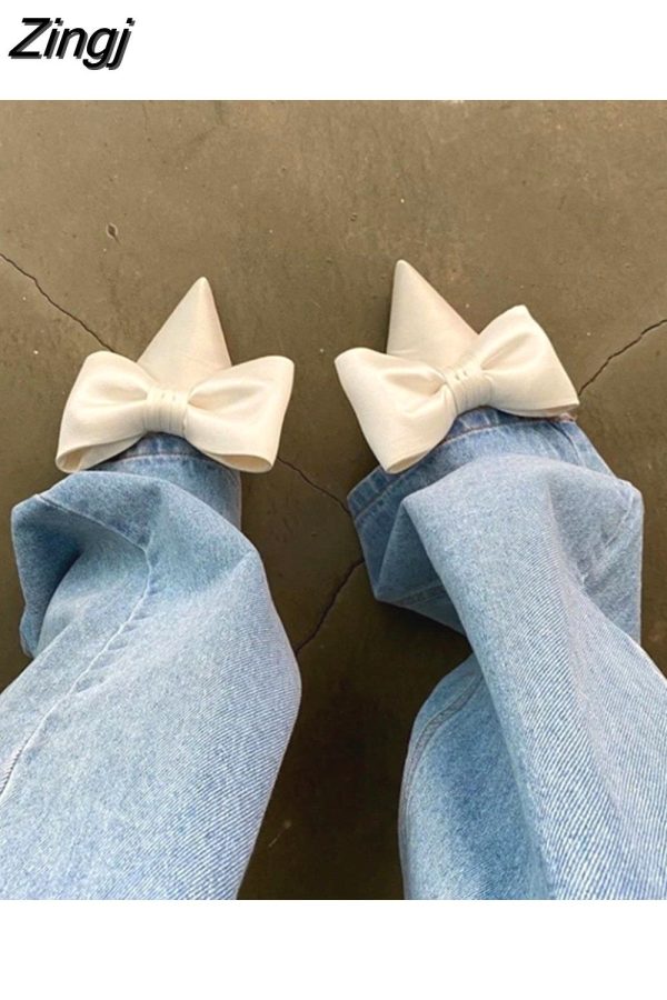 Zingj Summer Women's Slippers Bowknot Cat Heel Low Heel Mid Heel Pointed Toe Shoes Slippers High Heels 601-1 White(7CM)-35
