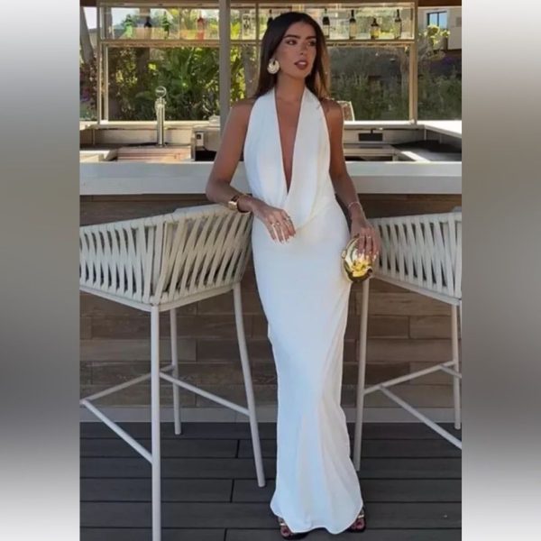 Zara Dresses | Midi Draper Elegant White Halter Dress | Color: Cream/White | Size: S
