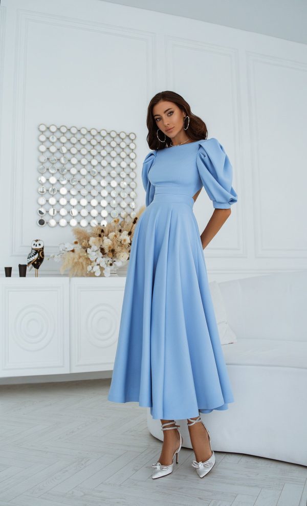 Sky-Blue Backless Puff-Sleeve Midi Dress - Sky-Blue / XS