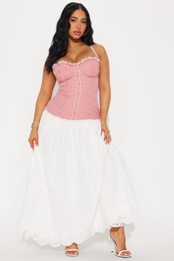 Women's Melanie Gingham Eyelet Maxi Dress Combo in Red Size Large