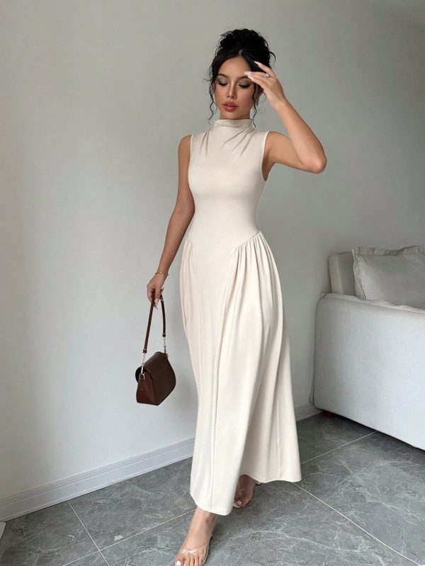 Chic Solid Color A-Line Fitted Knit Long Dress for Effortless Fall Style - Khaki / S