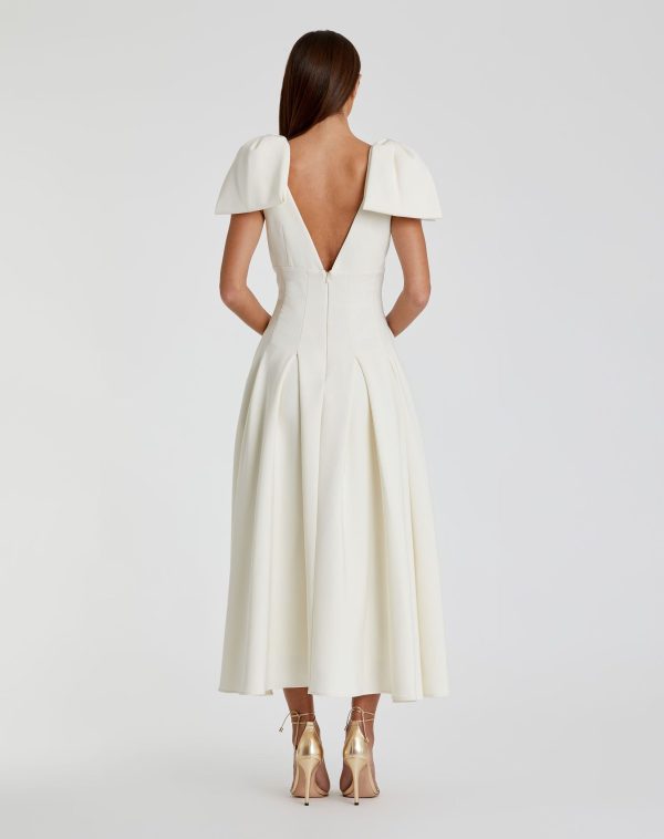 White Crepe A Line Midi Dress With Bow Straps - Mac Duggal