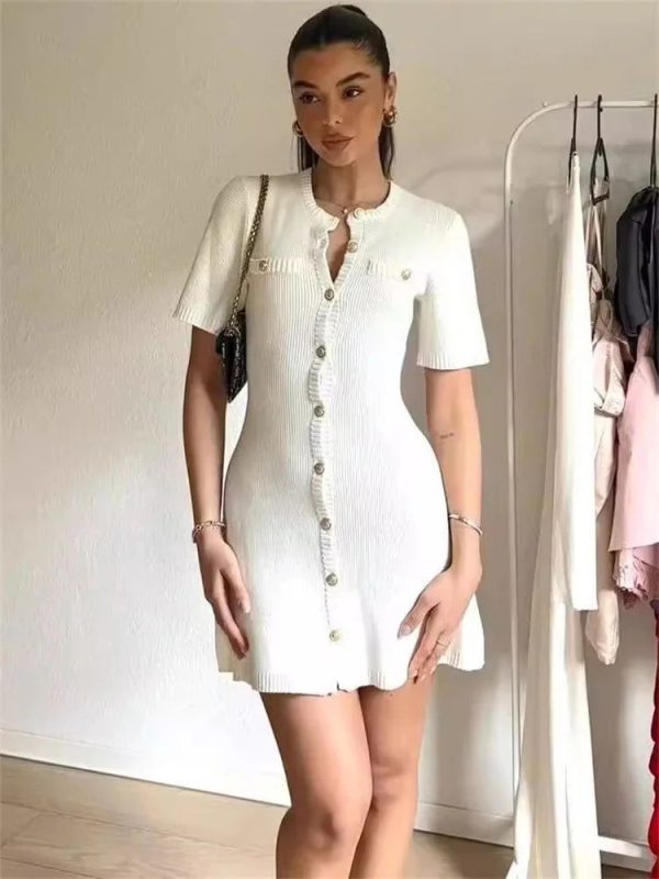 Zingj White Knit Short Sleeve Buttoned Mini Dress-Outfit Ideas WHITE-L
