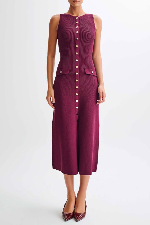 Elegant Solid Color Buckle O Neck Sleeveless Dresses(4 Colors) - Fuchsia / S