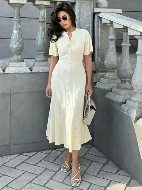 Elegant Ribbed Knitted Long Dresses Women Slim Short Sleeve Single Breasted Hip Package Dress 2024