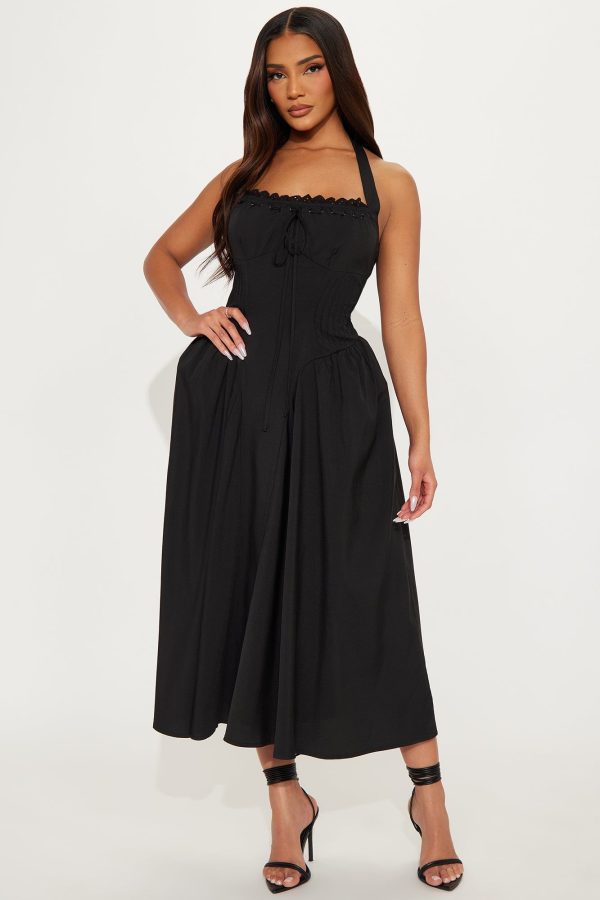 Women's Avalon Corset Poplin Midi Dress in Black Size Small