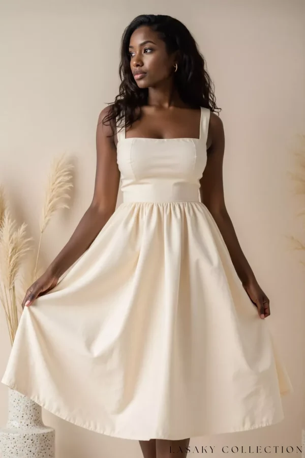 Elegant Off-White Midi Dress with Square Neckline and Strappy Shoulders - Ivory, XXS