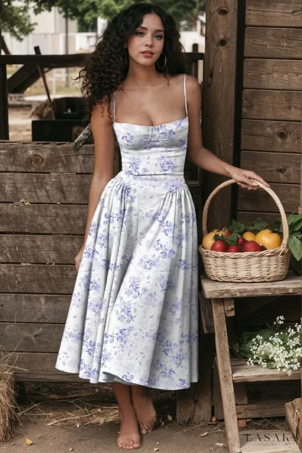 Lasaky - Chic Jumpsuit with Ruffled Chest and Tie-Waist - white background with blue flowers, M