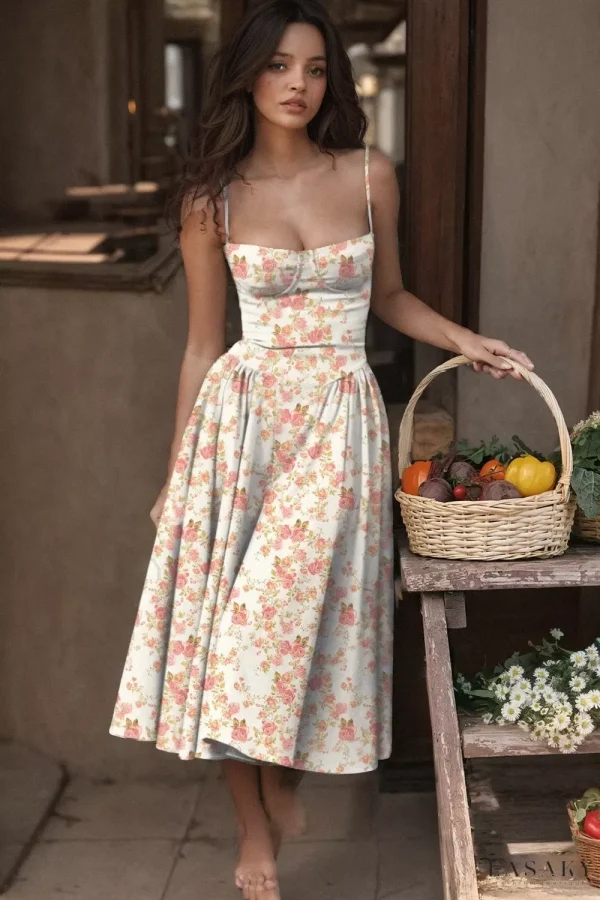 Lasaky - Vintage Long Dress with Dopamine Design, Palace Style, and Suspended Strap - white background with red flowers, XL